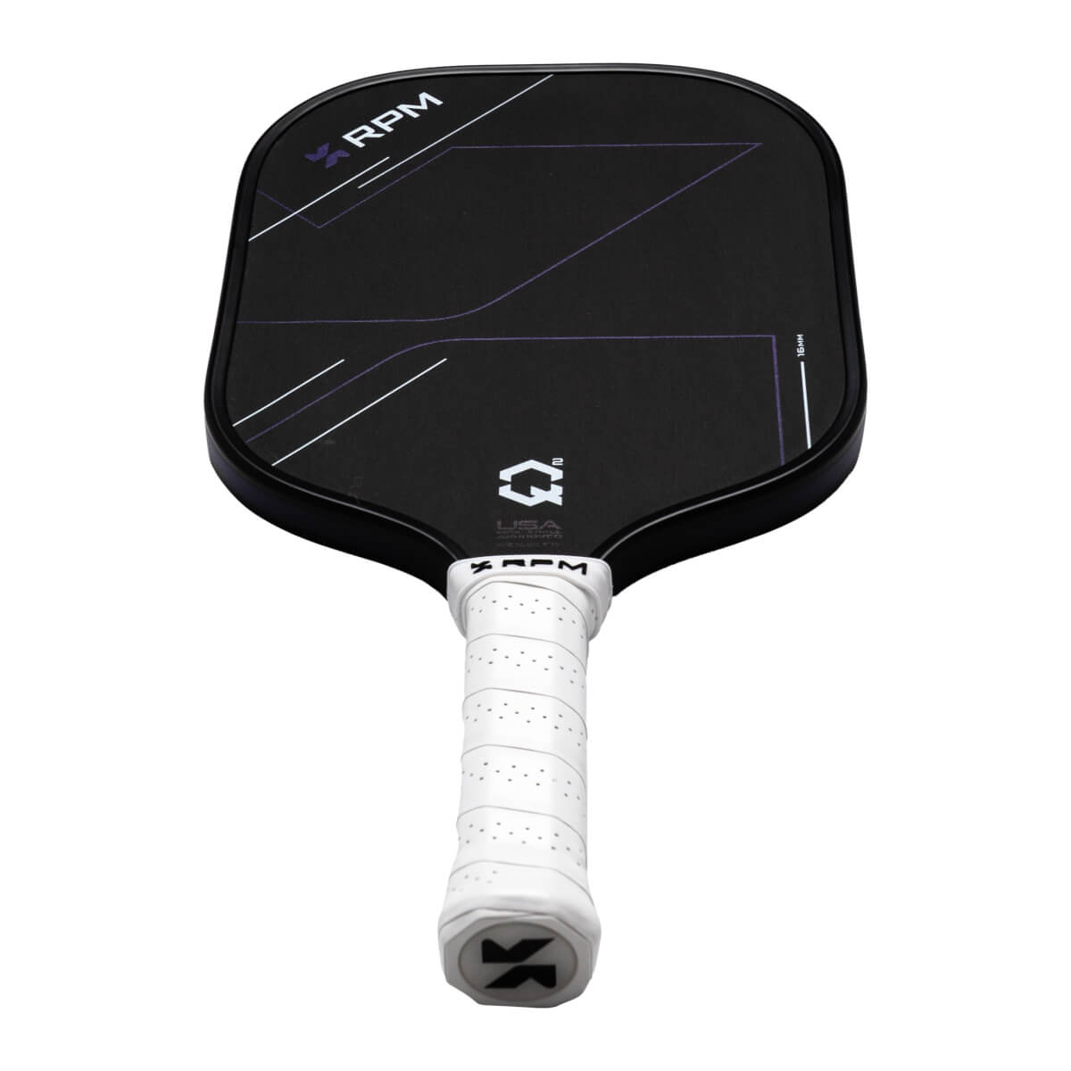 Top-down view of a black pickleball paddle with white grip, showing the "RPM" logo and geometric purple and white lines.