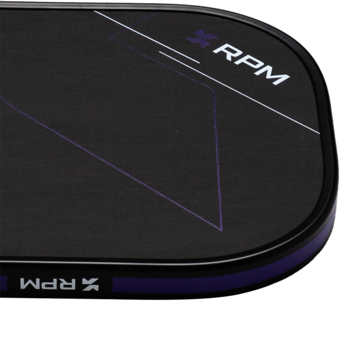 Close-up of the corner shows the white "RPM" logo and purple geometric lines on a black surface with a purple edge.