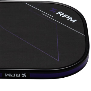 Close-up of the corner shows the white "RPM" logo and purple geometric lines on a black surface with a purple edge.