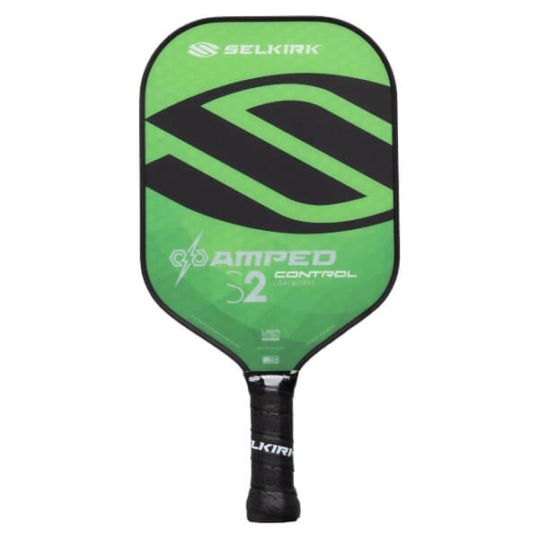 Front view of a green and black pickleball paddle with SELKIRK logo, large S design, and AMPED CONTROL S2 text.