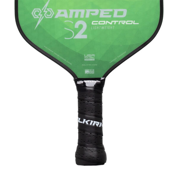 Front view of a green pickleball paddle with AMPED CONTROL S2 LIGHTWEIGHT text and a black perforated grip.