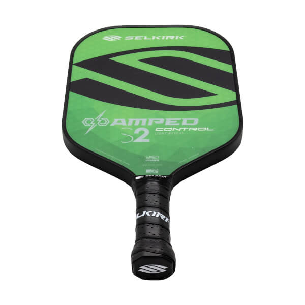 Front view of a green Selkirk pickleball paddle with a black S design, AMPED S2 CONTROL text, and black grip.