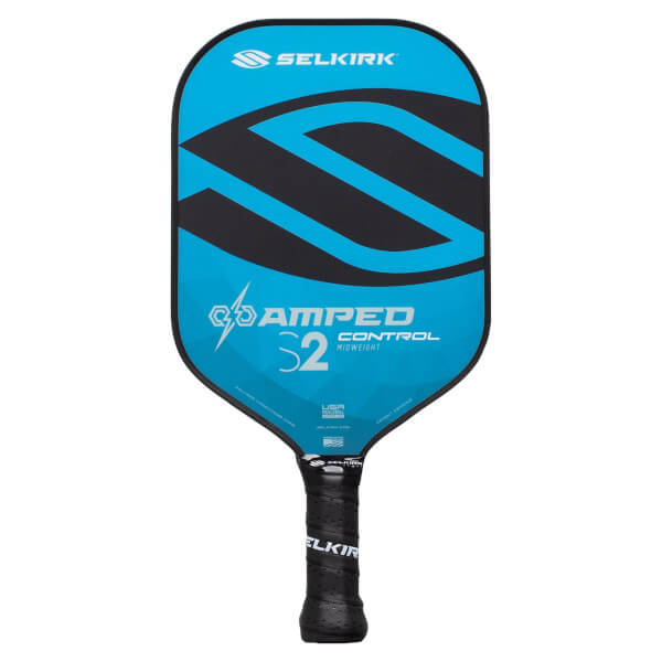 Front view of a blue pickleball paddle with a black S graphic, Selkirk AMPED S2 CONTROL text, and a black textured grip.