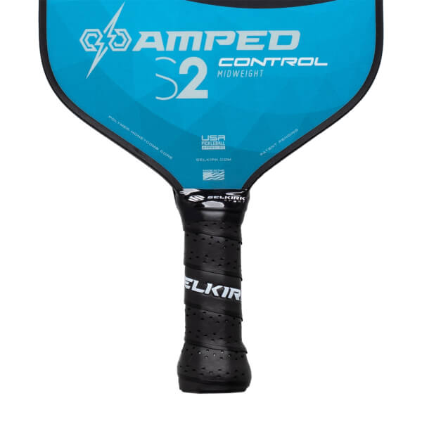Front view of a blue pickleball paddle with AMPED S2 CONTROL text and a black perforated grip with SELKIRK branding.