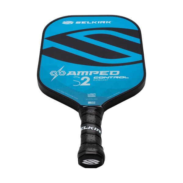 Front view of a blue pickleball paddle with black wavy design, Selkirk AMPED S2 CONTROL text, and a black perforated grip.