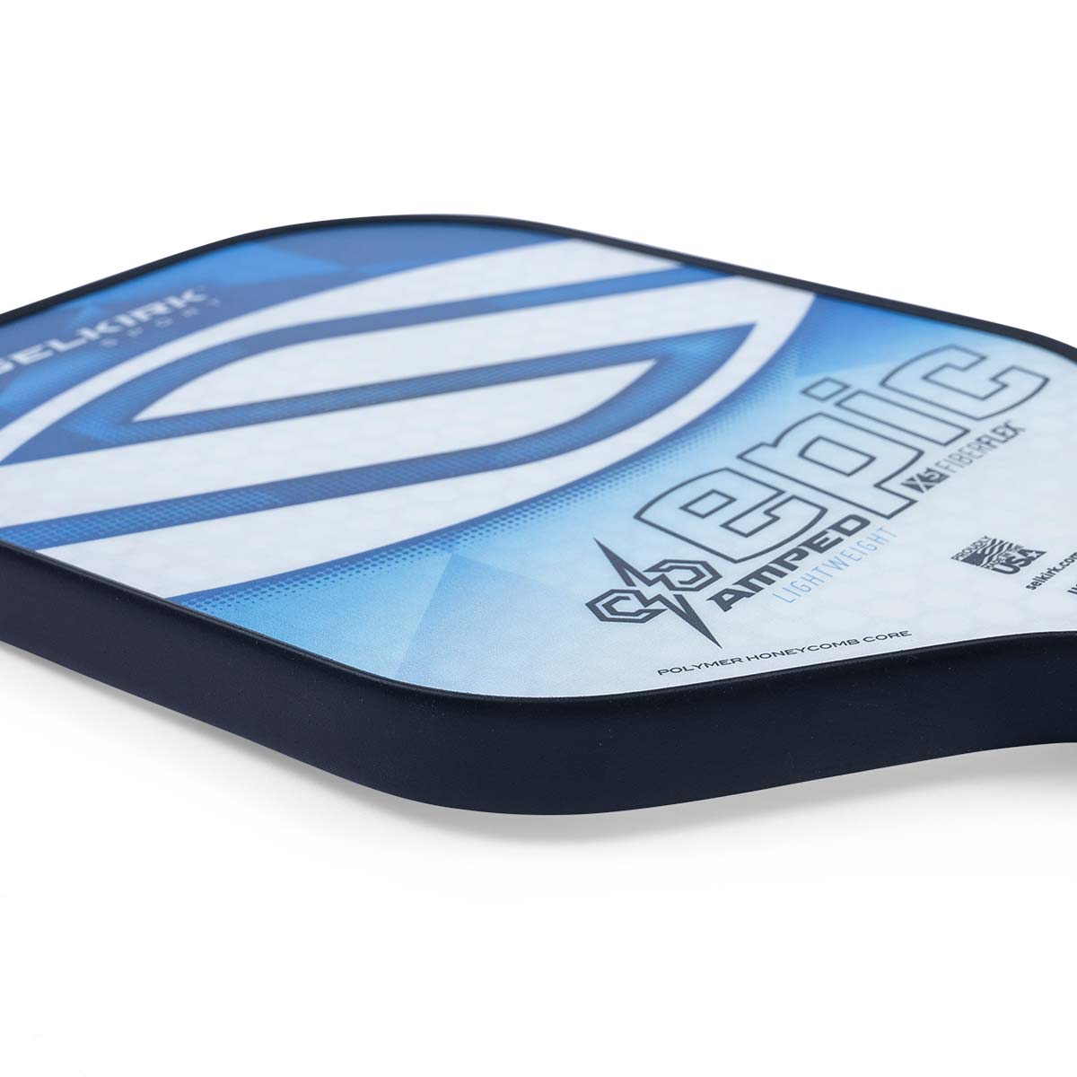 Side view of a blue and white Selkirk Amped Epic pickleball paddle with a large blue graphic and EPIC text.