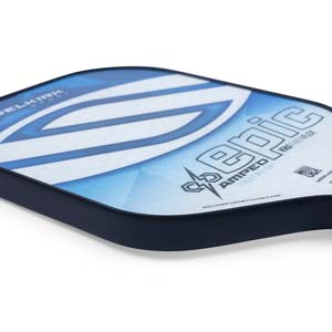 Side view of a blue and white Selkirk Amped Epic pickleball paddle with a large blue graphic and EPIC text.