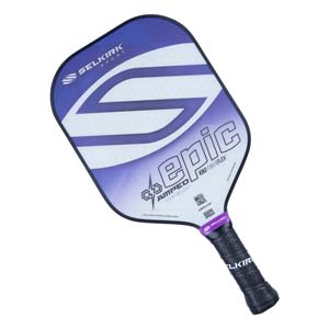 Top-down view of a white and purple Selkirk Amped Epic pickleball paddle with a large S graphic and epic text.