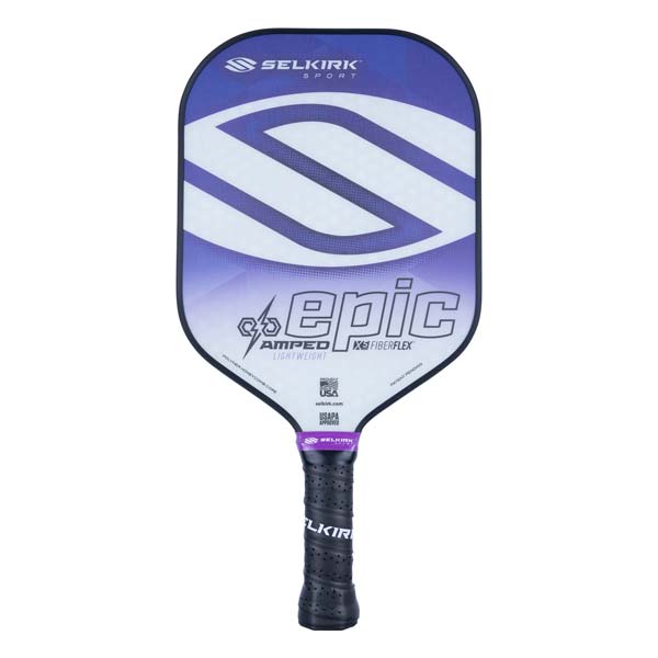 Front view of a white and purple pickleball paddle with Selkirk Sport and epic branding.