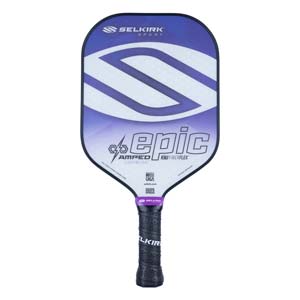 Front view of a white and purple pickleball paddle with Selkirk Sport and epic branding.