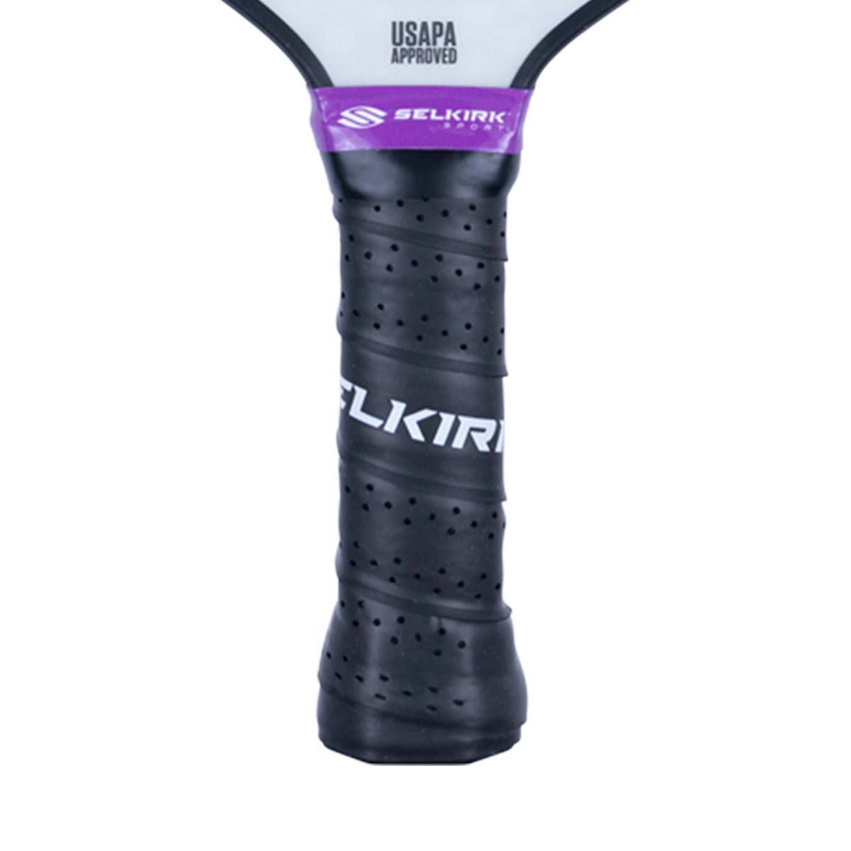 Close-up of a black pickleball paddle grip with SELKIRK text and USAPA Approved logo.