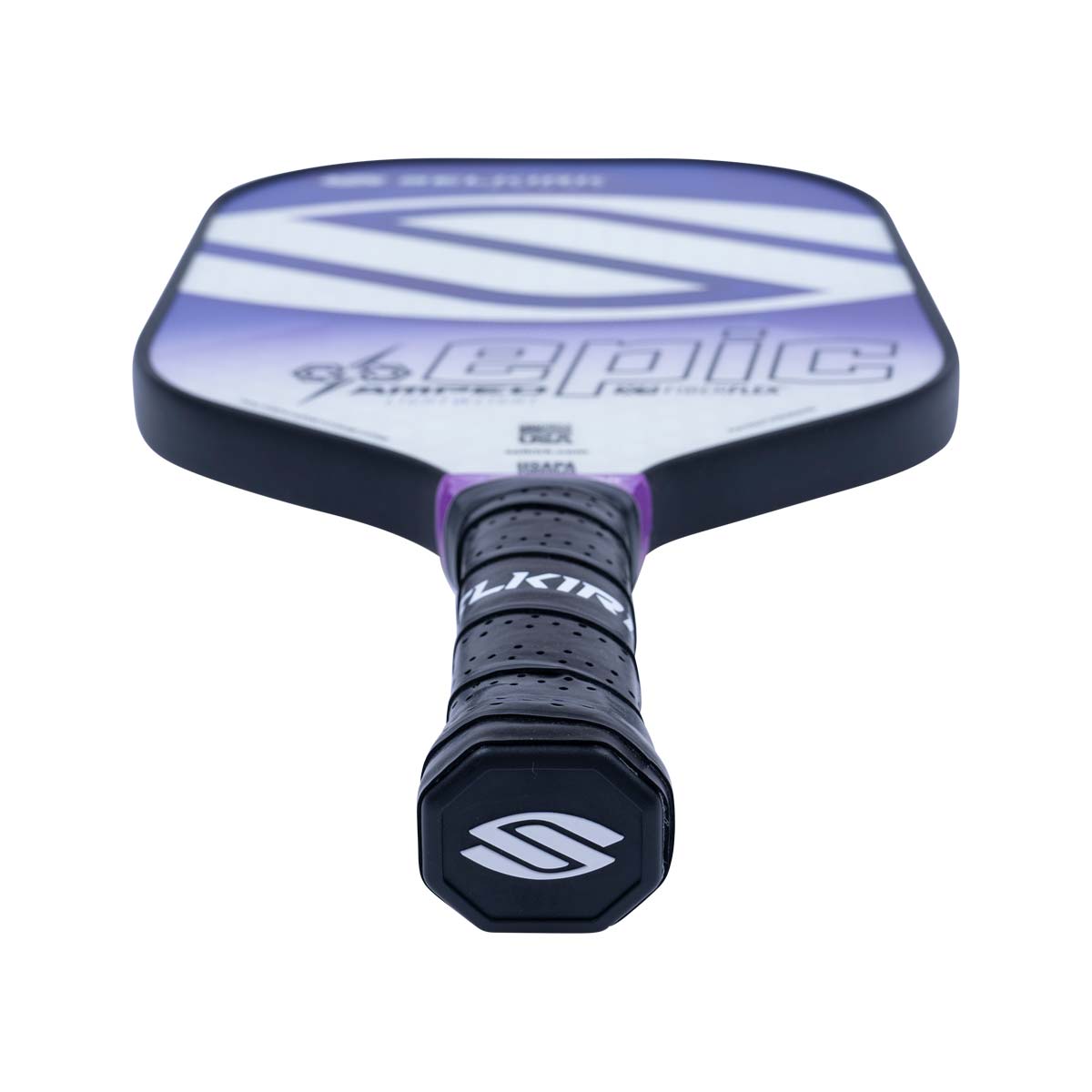 Top-down view of a white and purple pickleball paddle with 96 EPIC text and a black grip.