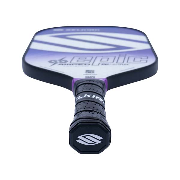 Top-down view of a white and purple pickleball paddle with 96 EPIC text and a black grip.