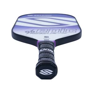 Top-down view of a white and purple pickleball paddle with 96 EPIC text and a black grip.