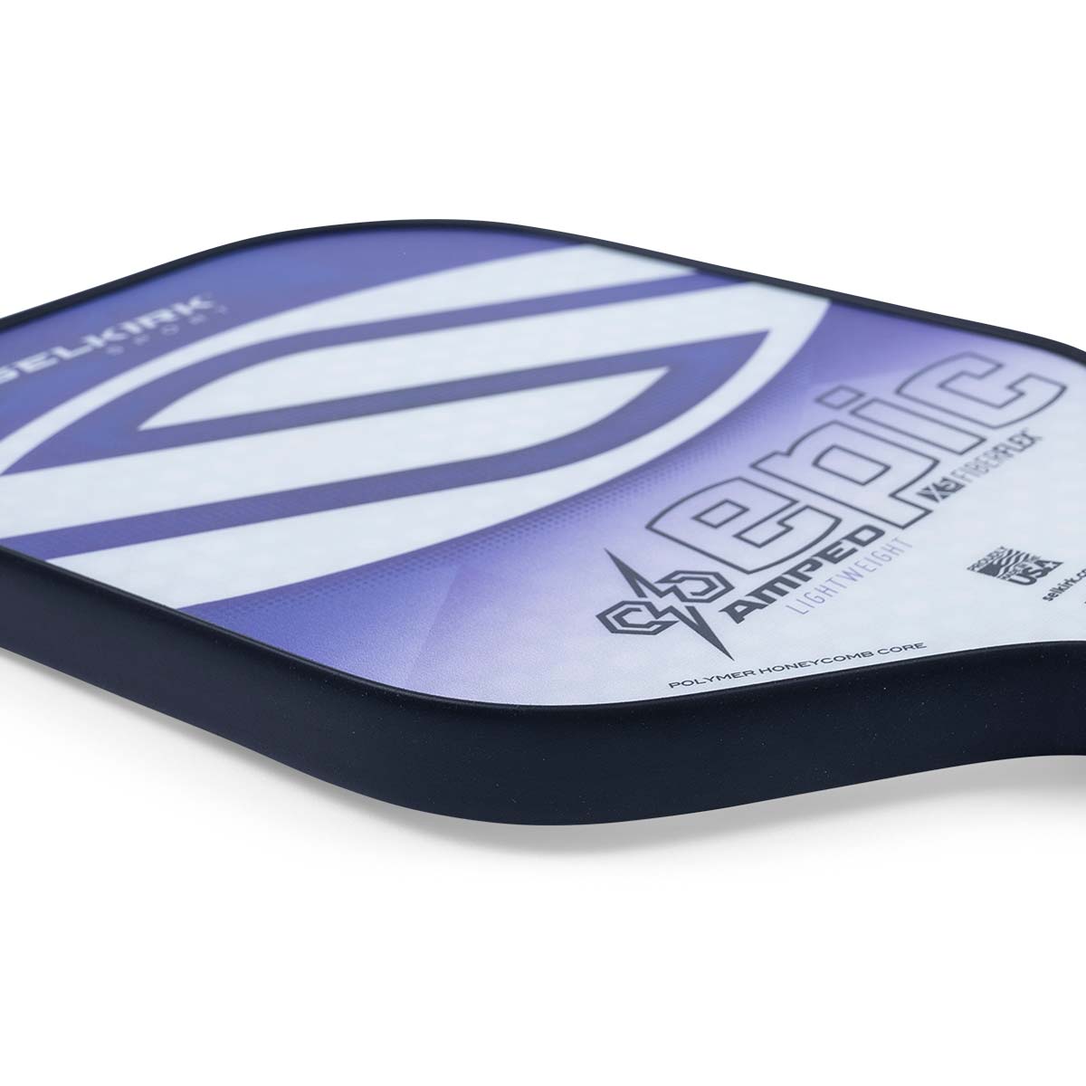 Corner view of a purple and white pickleball paddle with EPIC and AMPED LIGHTWEIGHT text.