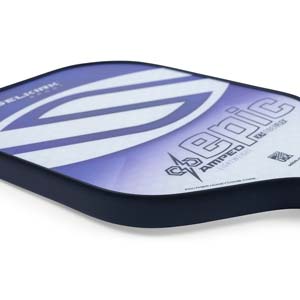 Corner view of a purple and white pickleball paddle with EPIC and AMPED LIGHTWEIGHT text.