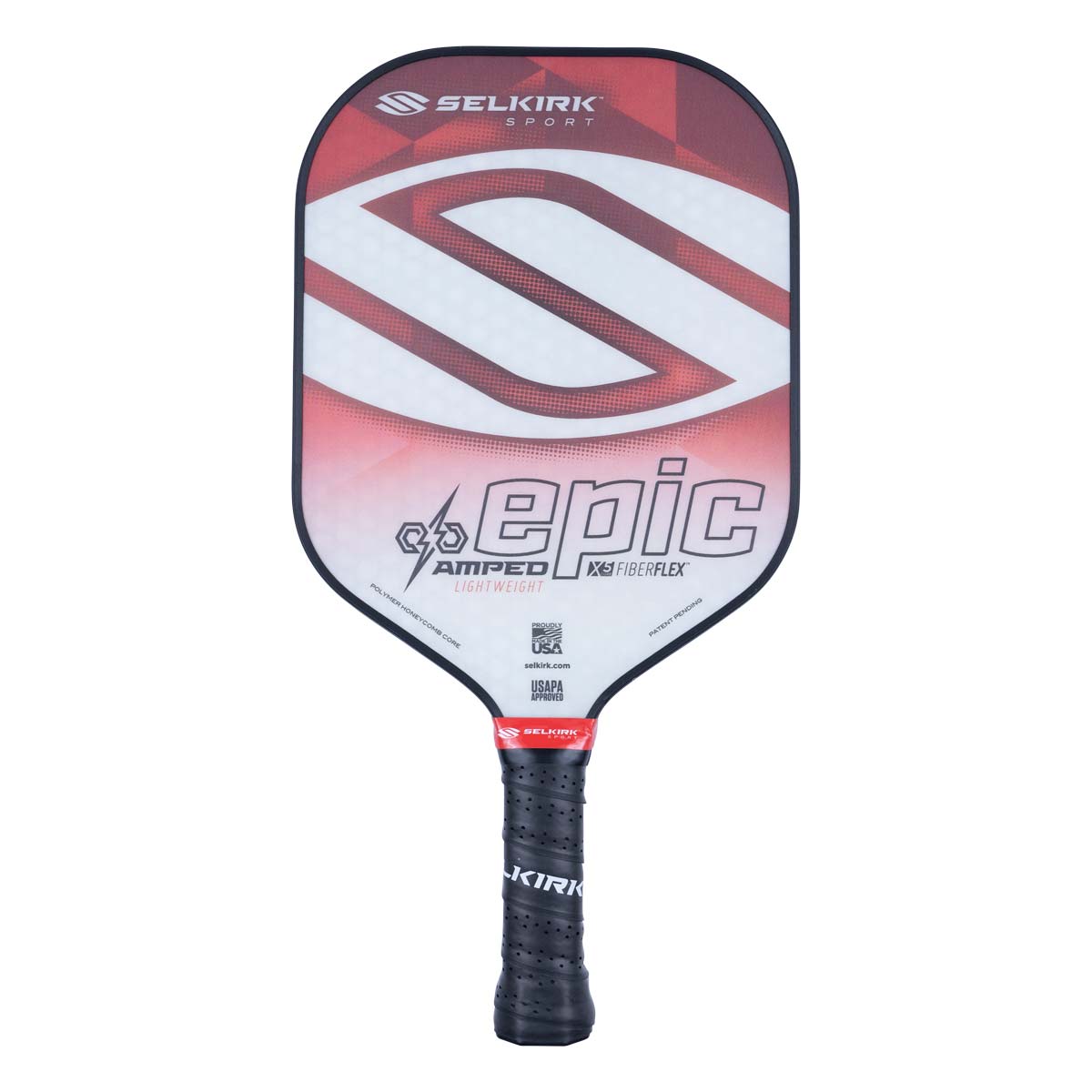 Front view of a white and red pickleball paddle with EPIC and FIBERFLEX text.