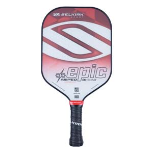 Front view of a white and red pickleball paddle with EPIC and FIBERFLEX text.