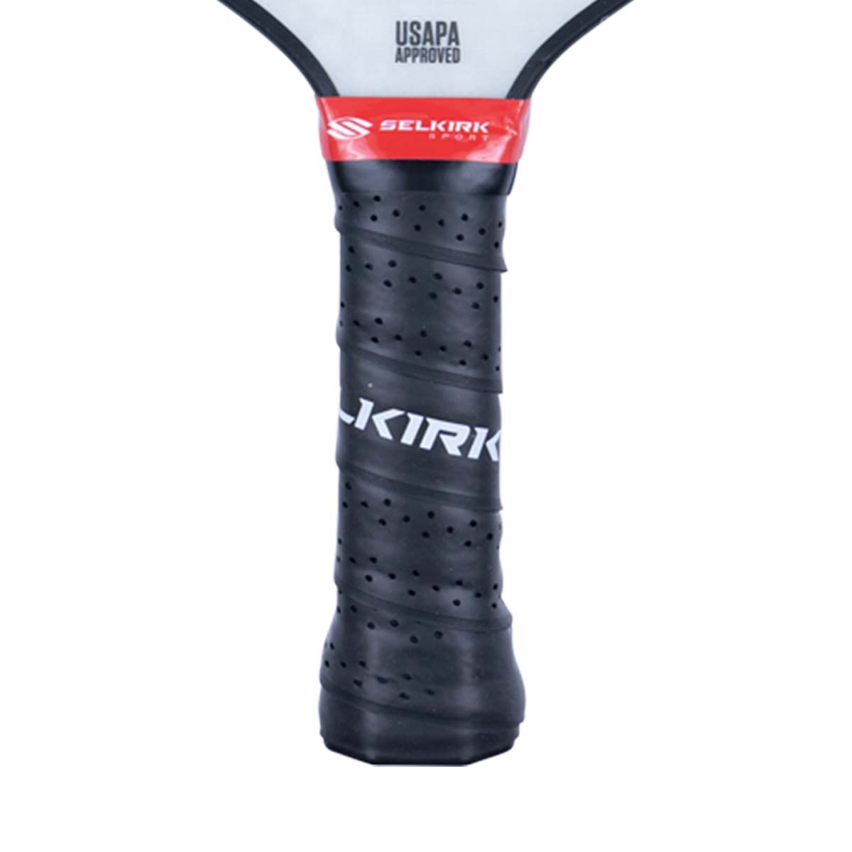 Close-up of a black pickleball paddle grip with KIRK text and USAPA APPROVED stamp.