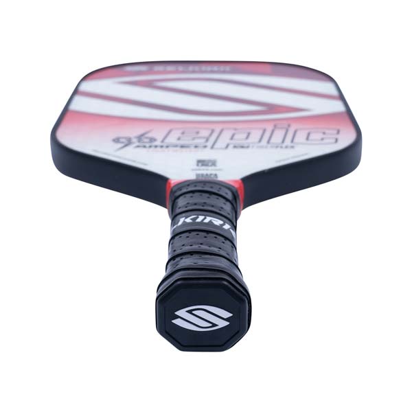 Top-down view of a white and red pickleball paddle with 96 EPIC text and a black grip.