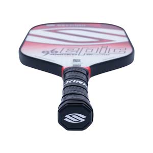 Top-down view of a white and red pickleball paddle with 96 EPIC text and a black grip.