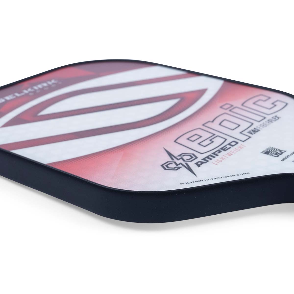 Corner view of a white and red pickleball paddle with EPIC and LIGHTWEIGHT text.