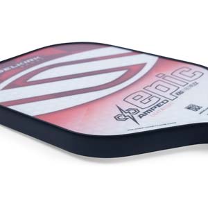 Corner view of a white and red pickleball paddle with EPIC and LIGHTWEIGHT text.