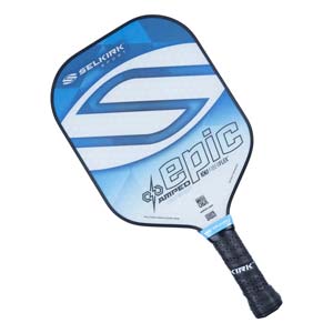 Top-down view of a blue and white Selkirk pickleball paddle with EPIC and AMPED LIGHTWEIGHT text.