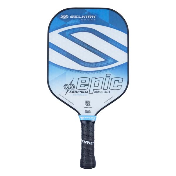 Front view of a blue and white pickleball paddle with Selkirk Sport and epic branding.