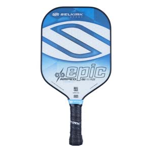 Front view of a blue and white pickleball paddle with Selkirk Sport and epic branding.