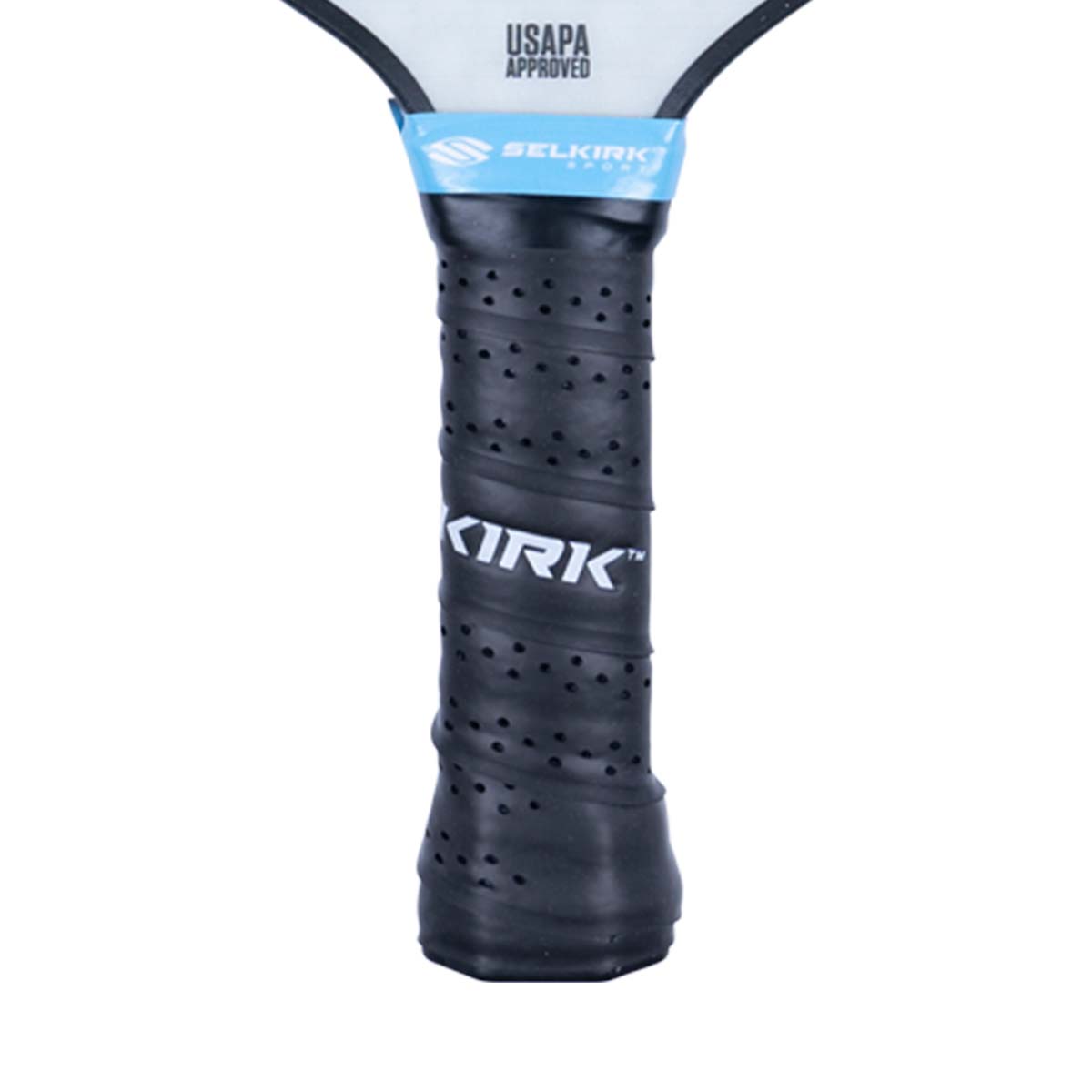 Close-up of a black pickleball paddle grip with KIRK logo and blue Selkirk branding.