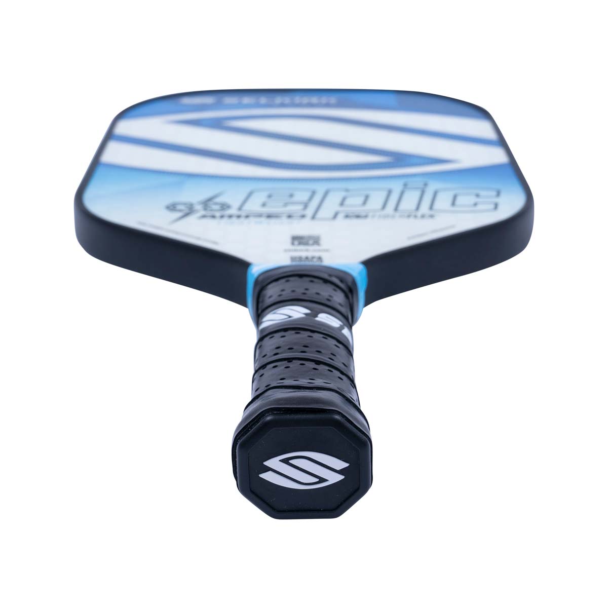 Top-down view of a blue and white pickleball paddle with EPIC text and a black grip.