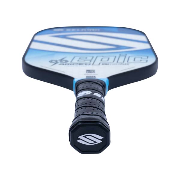 Top-down view of a blue and white pickleball paddle with EPIC text and a black grip.