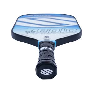 Top-down view of a blue and white pickleball paddle with EPIC text and a black grip.