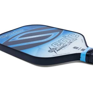 Side view of a blue and black pickleball paddle with epic and Selkirk branding.