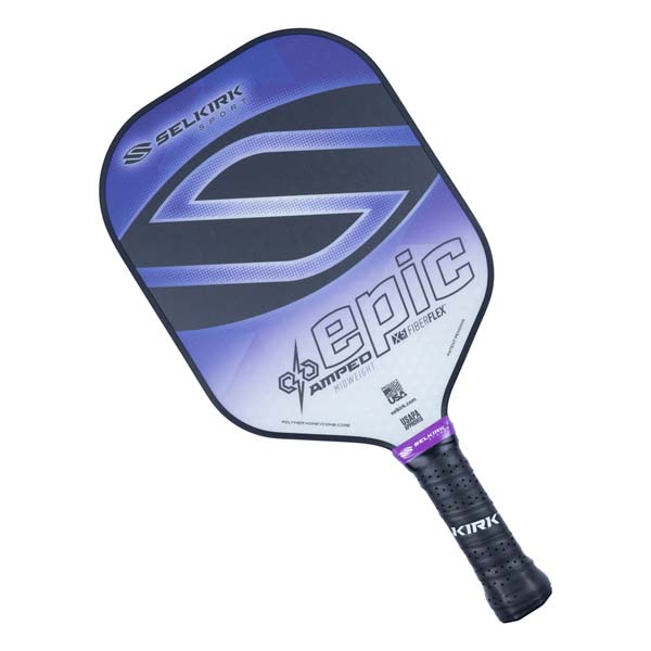 Top-down view of a purple and black pickleball paddle with EPIC and AMPED MIDWEIGHT text.