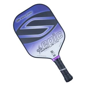 Top-down view of a purple and black pickleball paddle with EPIC and AMPED MIDWEIGHT text.