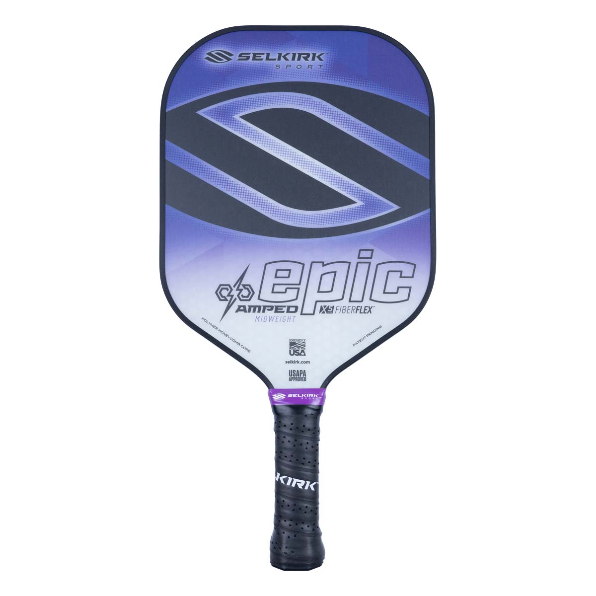 Front view of a purple and black pickleball paddle with EPIC and FIBERFLEX text.