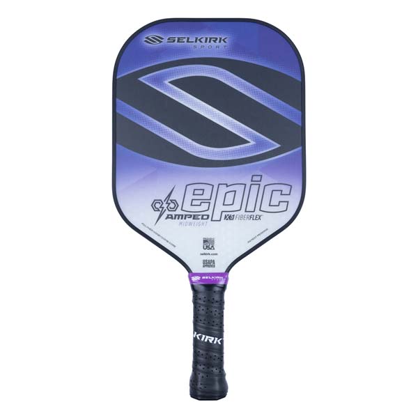 Front view of a purple and black pickleball paddle with EPIC and FIBERFLEX text.