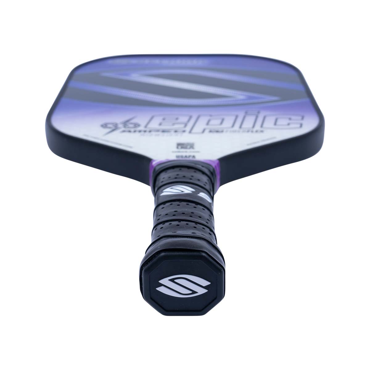 Top-down view of a purple and white pickleball paddle with a black grip and EPIC text.