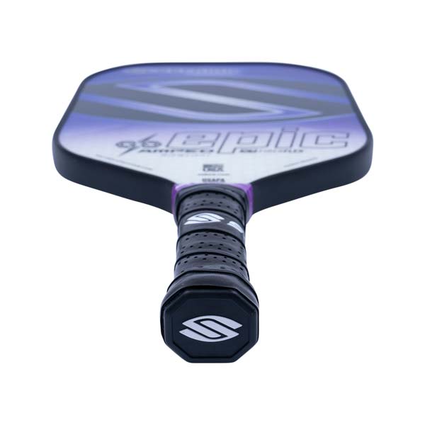 Top-down view of a purple and white pickleball paddle with a black grip and EPIC text.