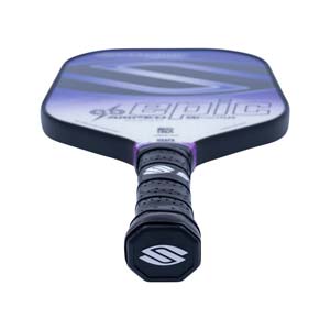 Top-down view of a purple and white pickleball paddle with a black grip and EPIC text.