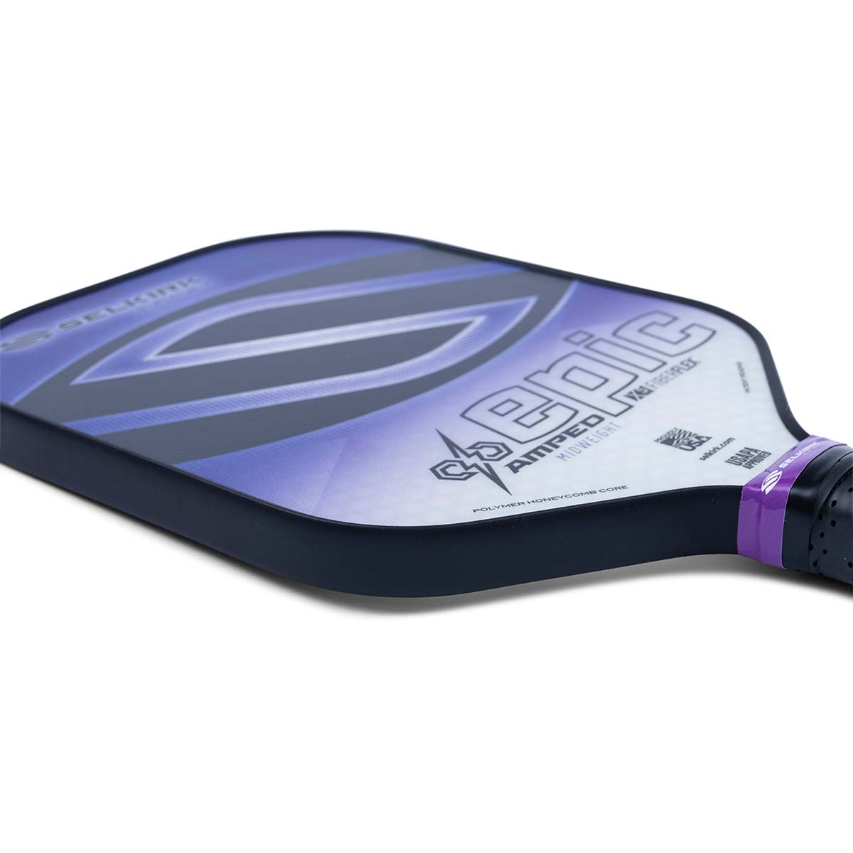 Side view of a purple and black pickleball paddle with epic and Selkirk branding.