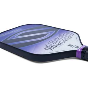 Side view of a purple and black pickleball paddle with epic and Selkirk branding.