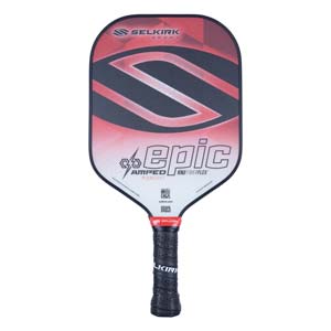 Front view of a red and black pickleball paddle with EPIC and SELKIRK SPORT branding.