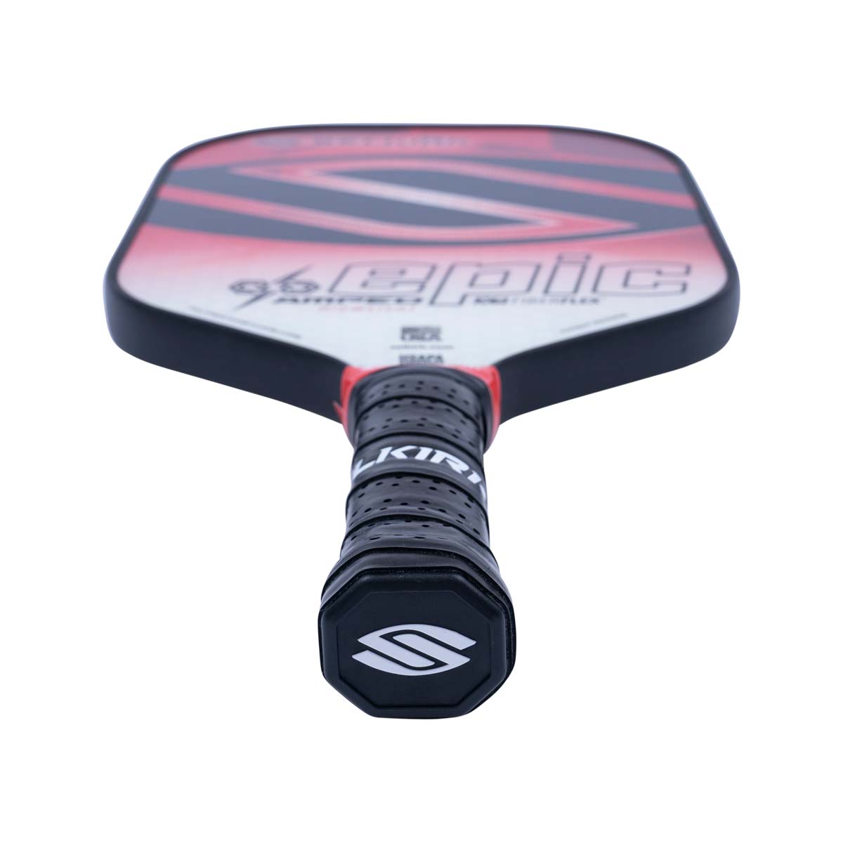 Top-down view of a red and black pickleball paddle with EPIC text and a Selkirk logo on the grip.