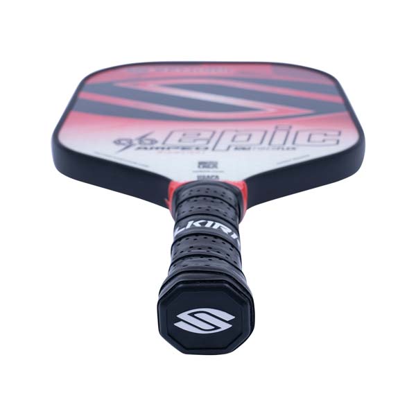Top-down view of a red and black pickleball paddle with EPIC text and a Selkirk logo on the grip.