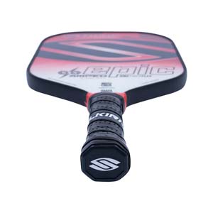 Top-down view of a red and black pickleball paddle with EPIC text and a Selkirk logo on the grip.