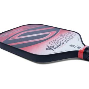 Side view of a red and black pickleball paddle with EPIC and AMPED text.