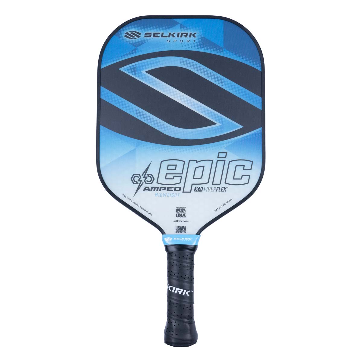 Front view of a blue and black pickleball paddle with SELKIRK SPORT, EPIC, and FIBERFLEX branding.